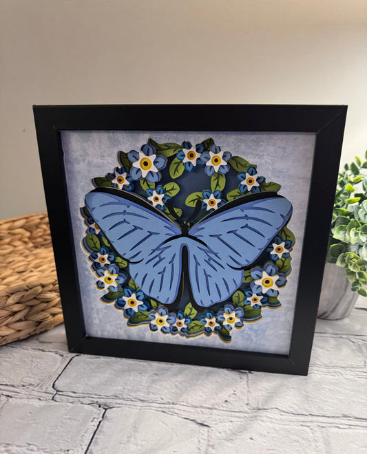 Butterfly solo scene blue morpho butterfly 3D paper art in a shadowbox