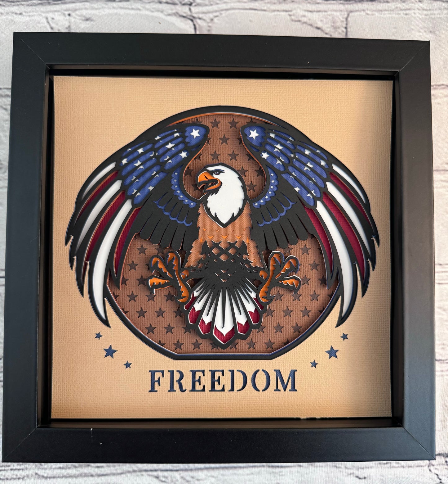 Freedom eagle 3D paper art in a shadowbox