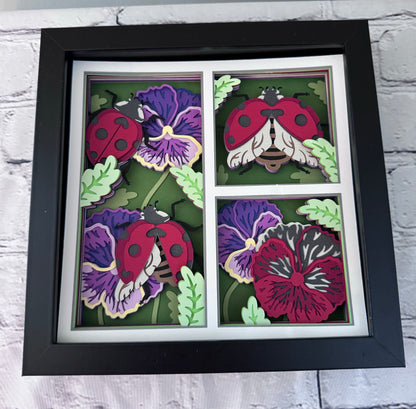 Ladybug and flowers design 3D paper art in a shadowbox