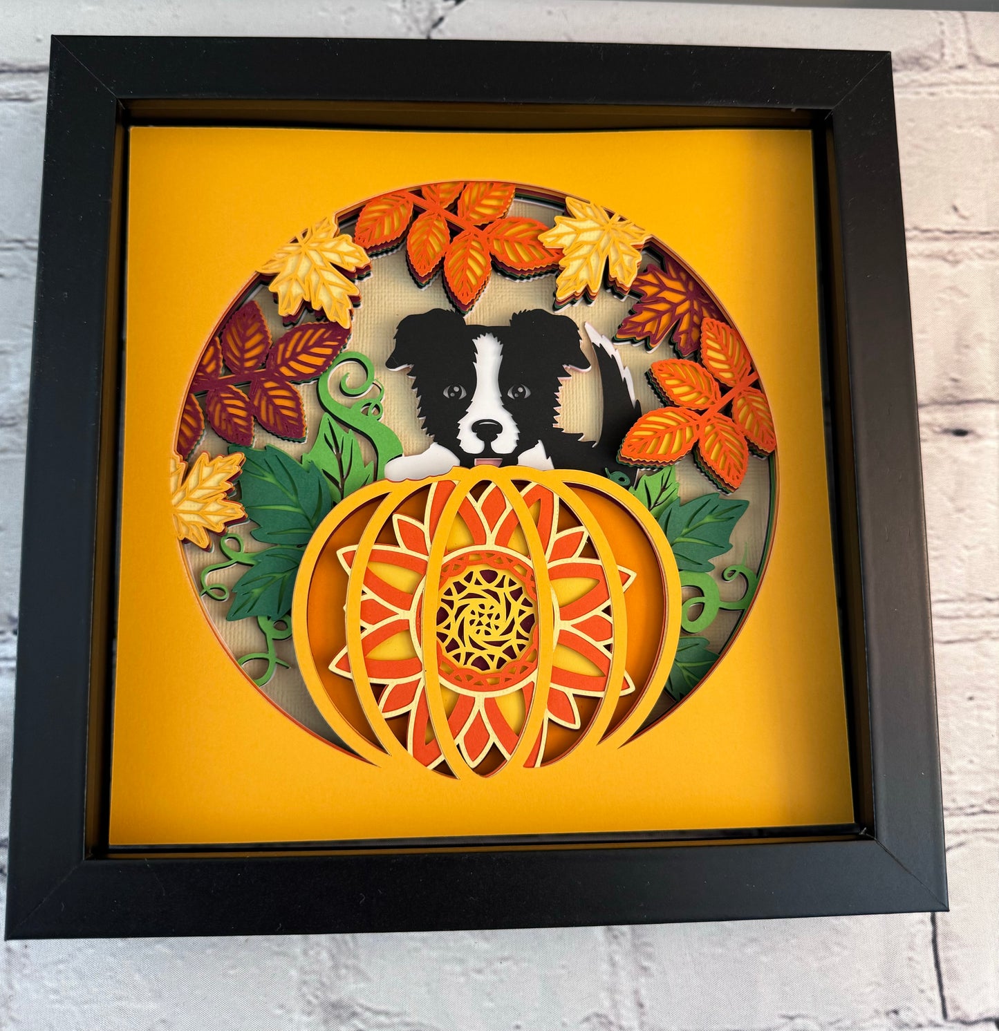 Dog in the pumpkin patch 3D paper art shadowbox