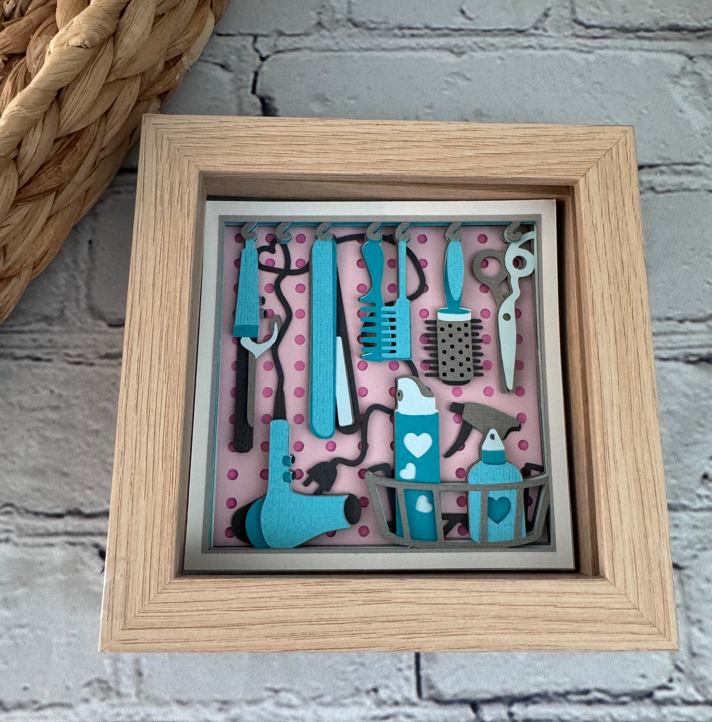 Hair dresser tools mini 3D paper art in a shadowbox