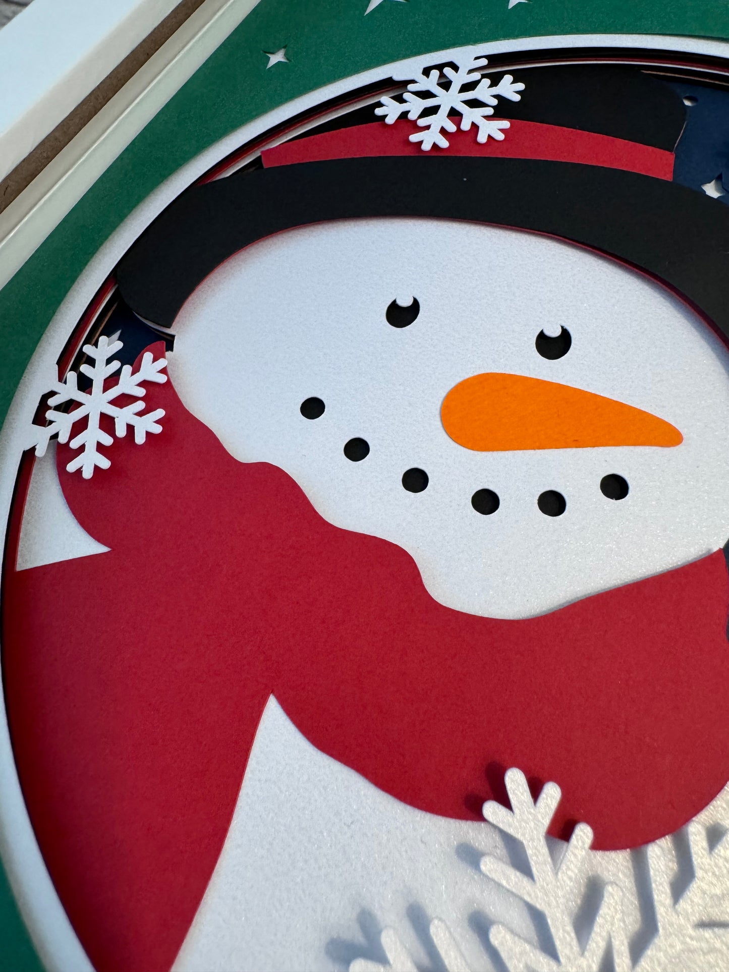 Snowman with cardinal close up 3D paper art shadowbox