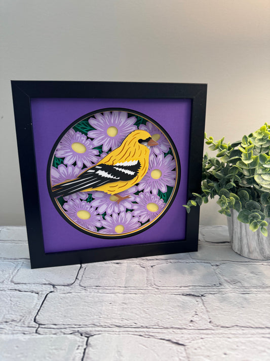 Goldfinch on purple flowers 3D paper art in a shadowbox