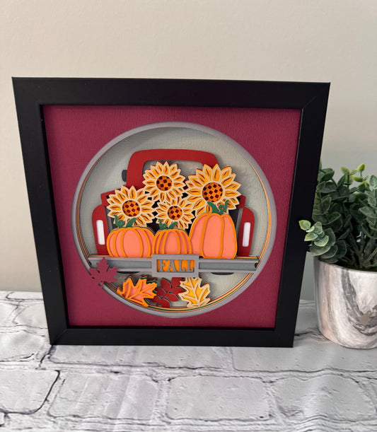 Fall truck with pumpkins and sunflowers design 3D paper art in a shadowbox