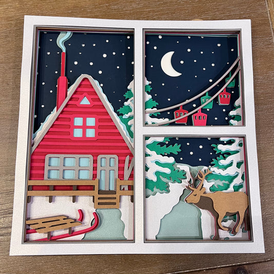 Winter cabin with moose 3D paper art in a shadowbox