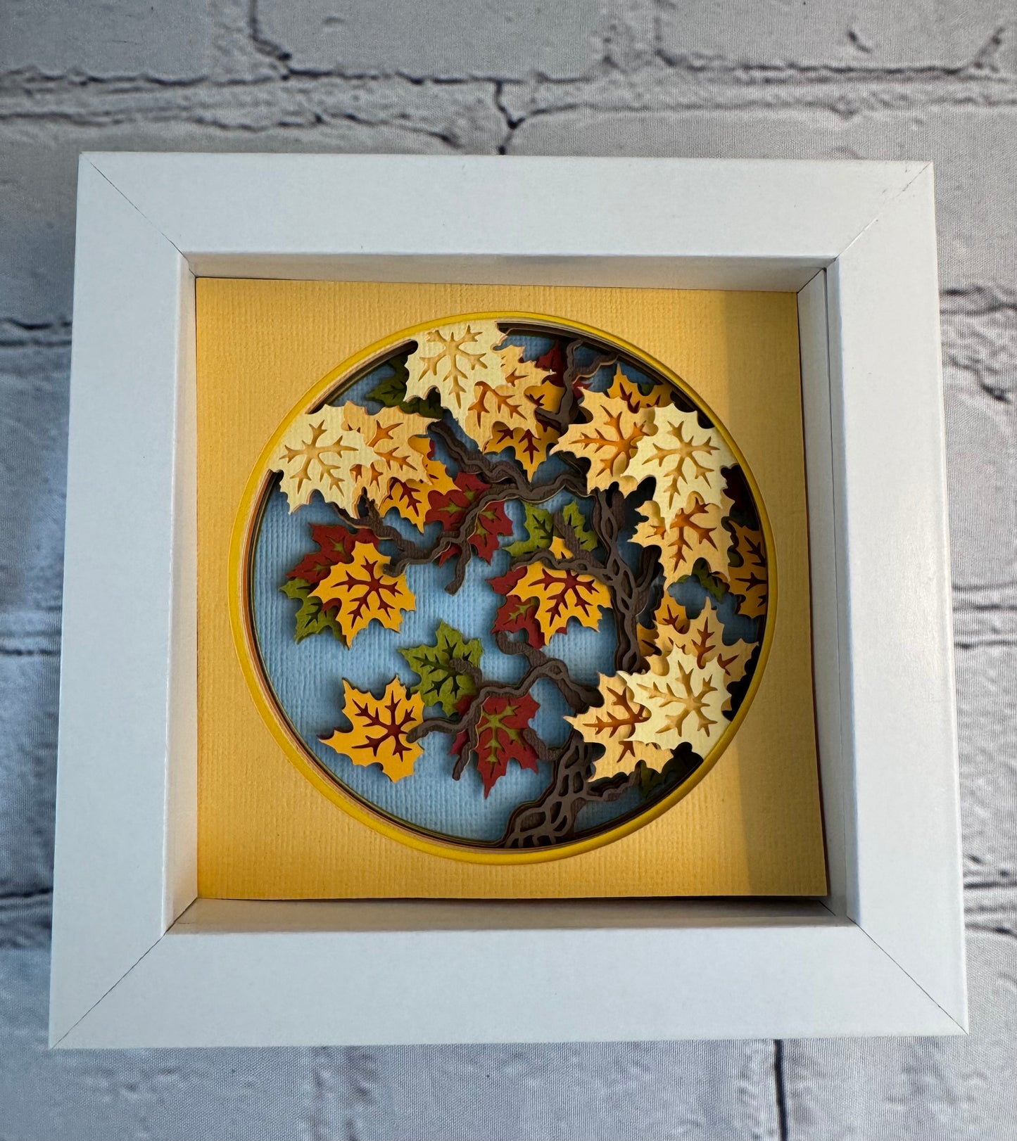 Fall maple tree branch mini 3D paper art in a shadowbox