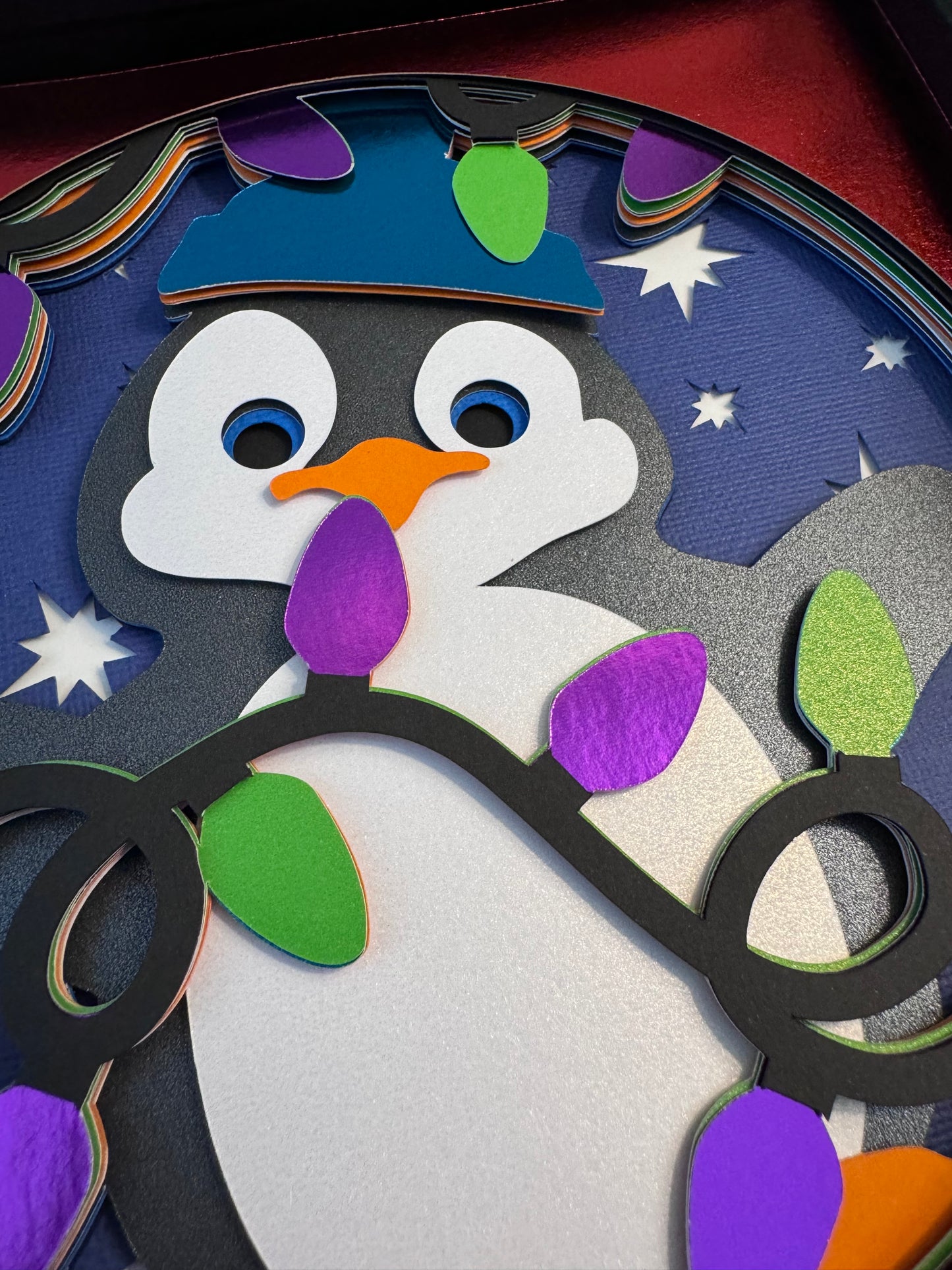 Penguin with Christmas lights 3D paper art shadowbox