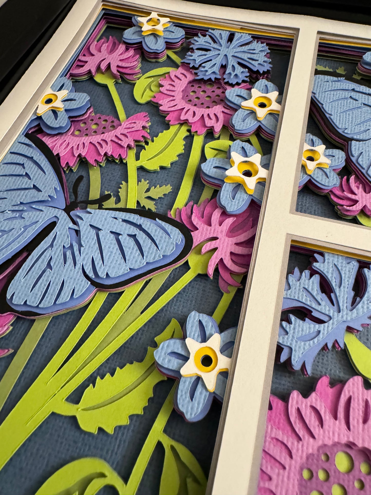 Butterfly 3 panel scene blue morpho butterfly 3D paper art in a shadowbox