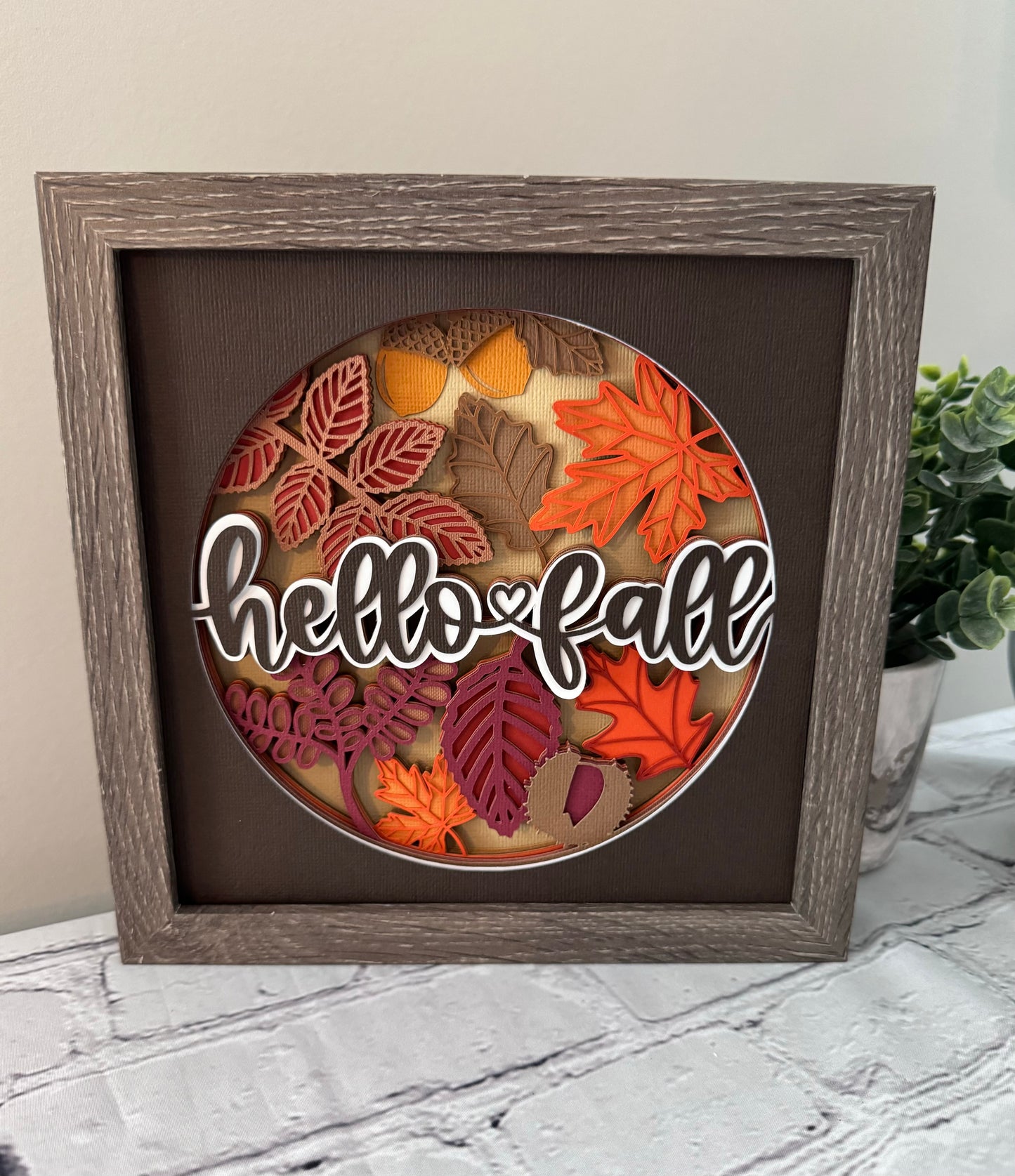 Hello fall leaves and acorns design 3D paper art in a shadowbox