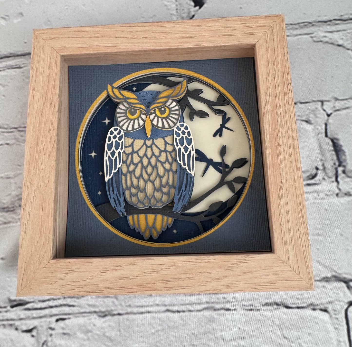 Owl nighttime scene mini 3D paper art in a shadowbox