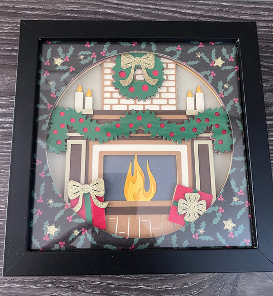 Christmas mantle with stockings 3D paper art in a shadowbox