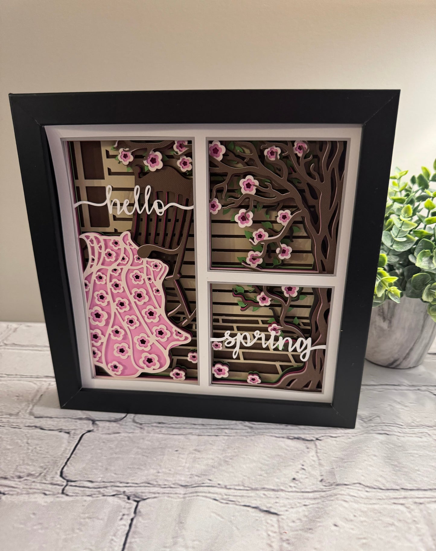 Spring porch scene with blanket 3D paper art in a shadowbox