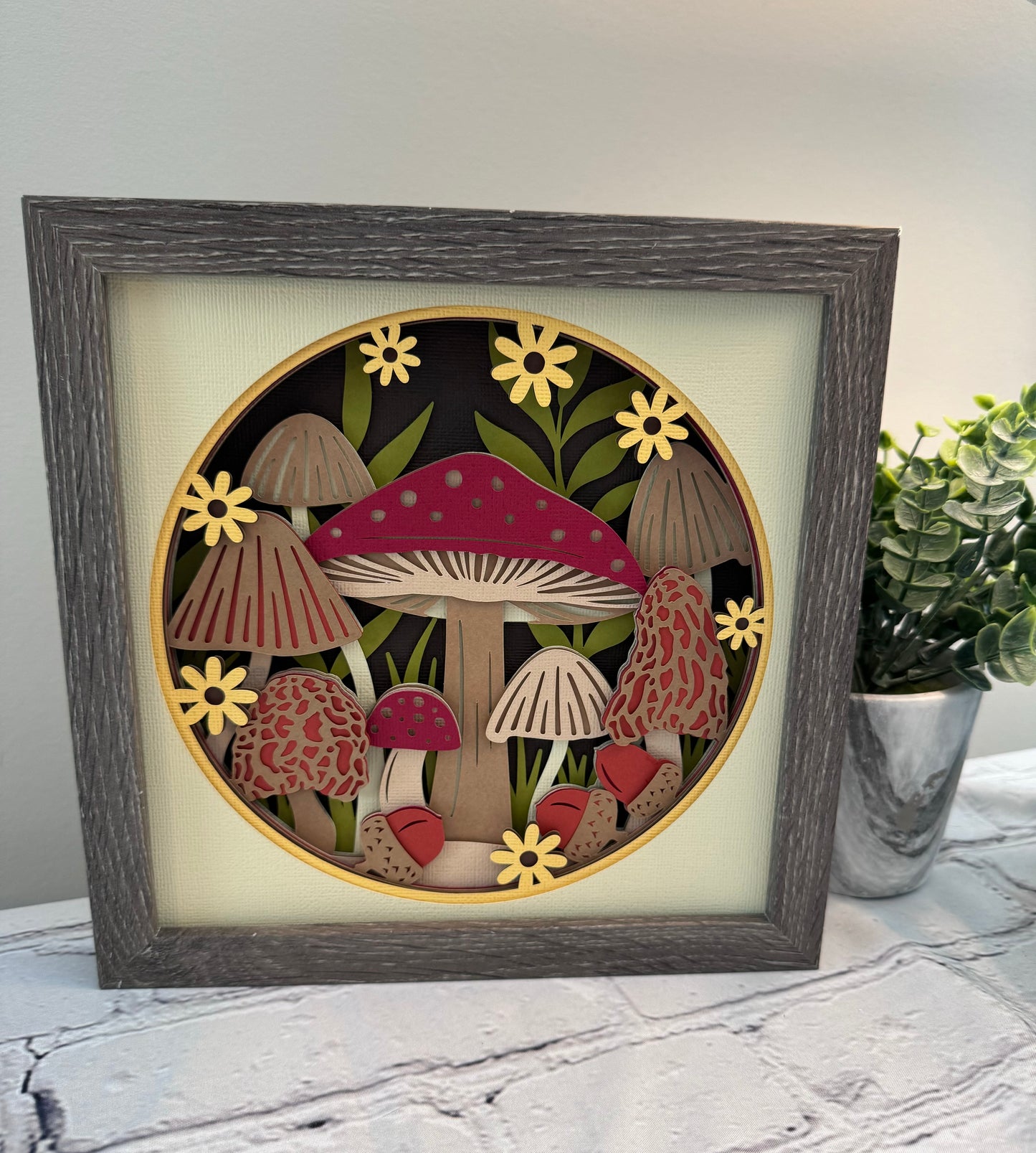 Mushroom fall forest design 3D paper art in a shadowbox