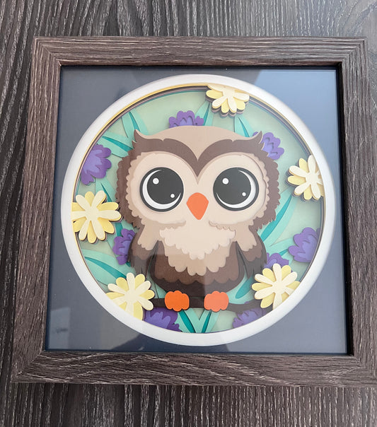 Spring owl 3D paper art in a shadowbox