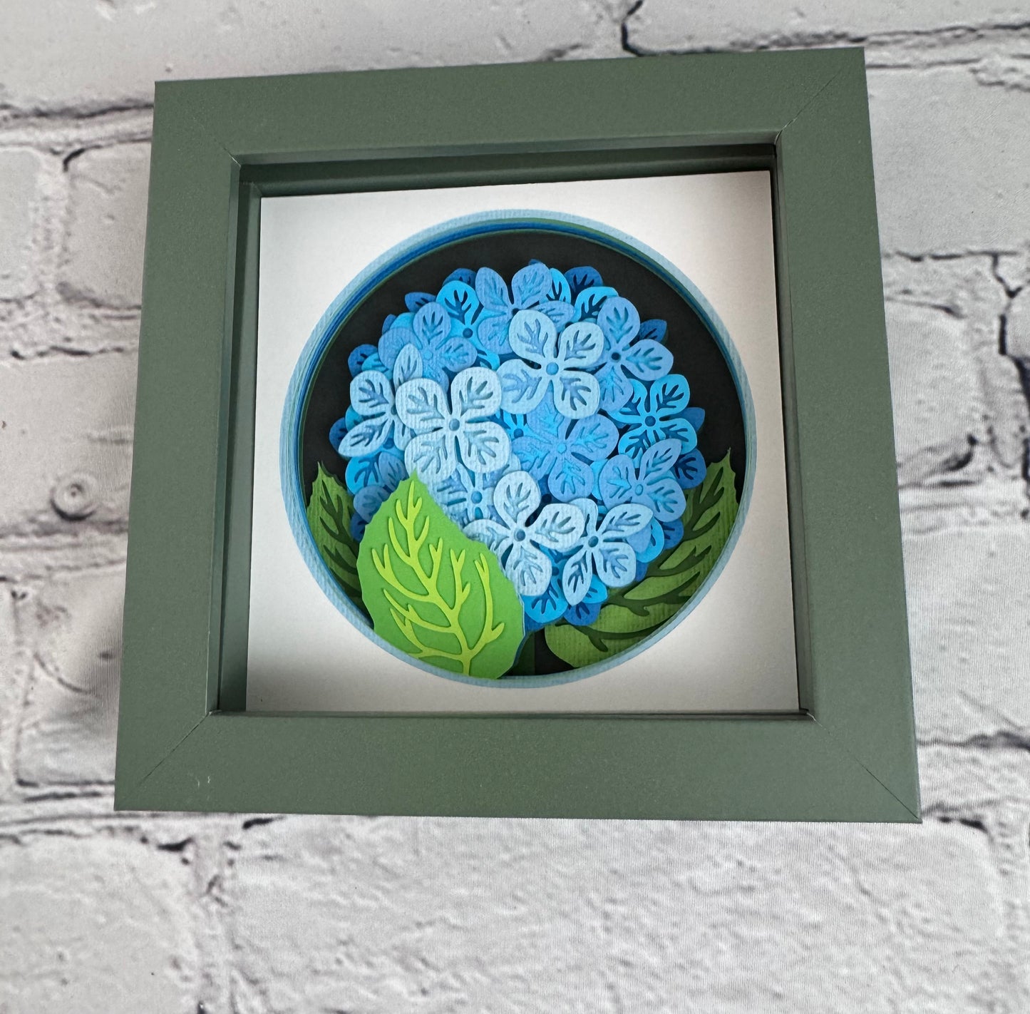 Hydrangea branch flowers mini 3D paper art in a shadowbox