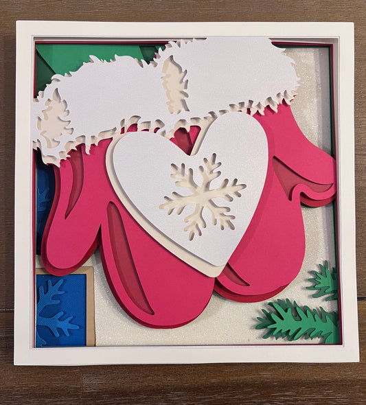 Winter mittens with heart 3D paper art in a shadowbox