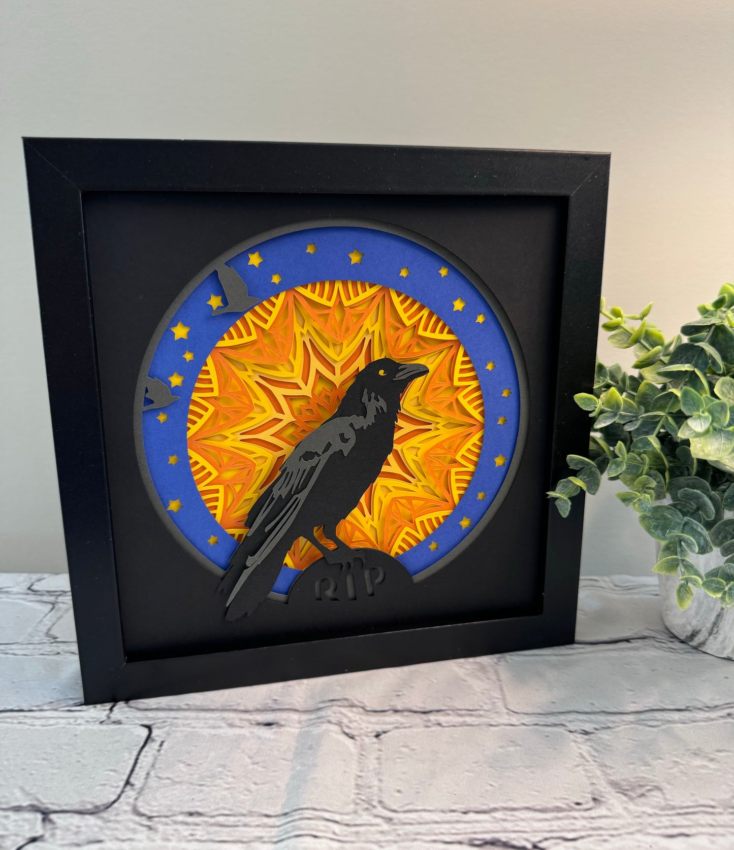 Halloween raven tombstone 3D paper art in a shadowbox