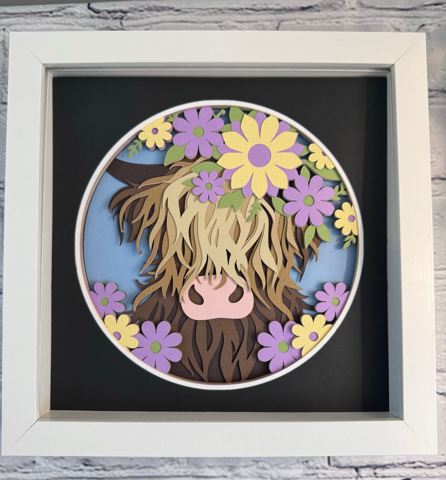 Highland cow 3D paper art in a shadowbox