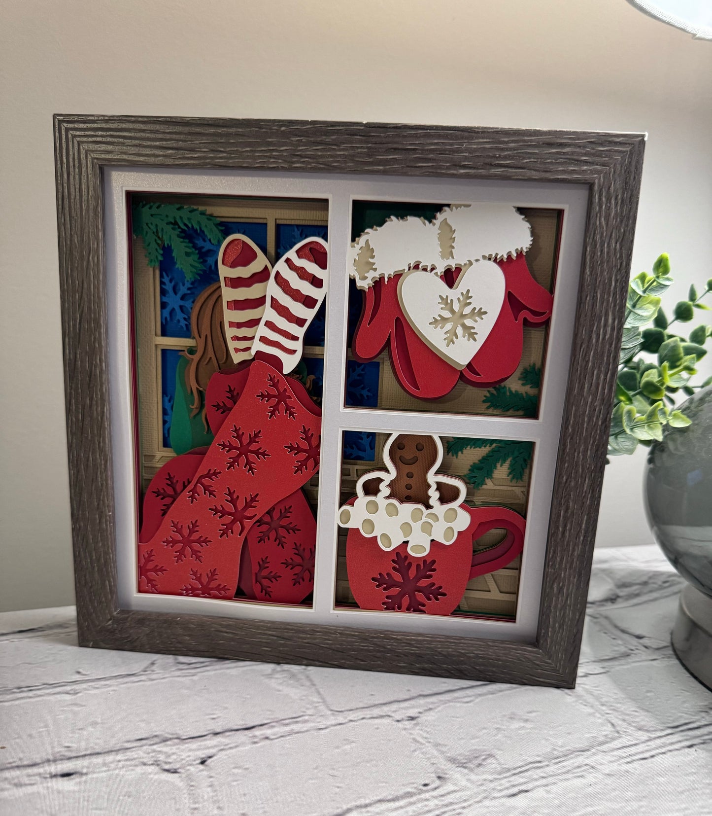 Lounging girl with hot cocoa 3D paper art shadowbox