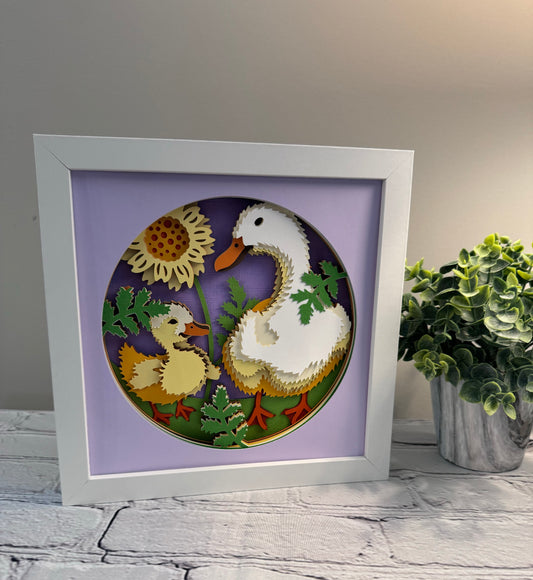 Mama duck and duckling 3D paper art in a shadowbox