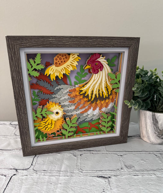 Chicken mama and chicks design 3D paper art in a shadowbox