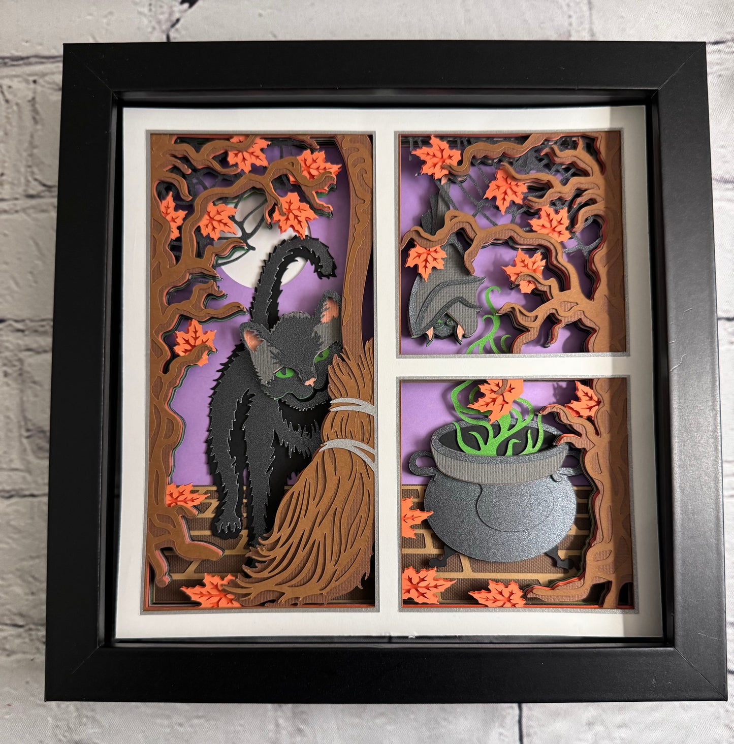 Black cat with broom and potion 3D paper art shadowbox