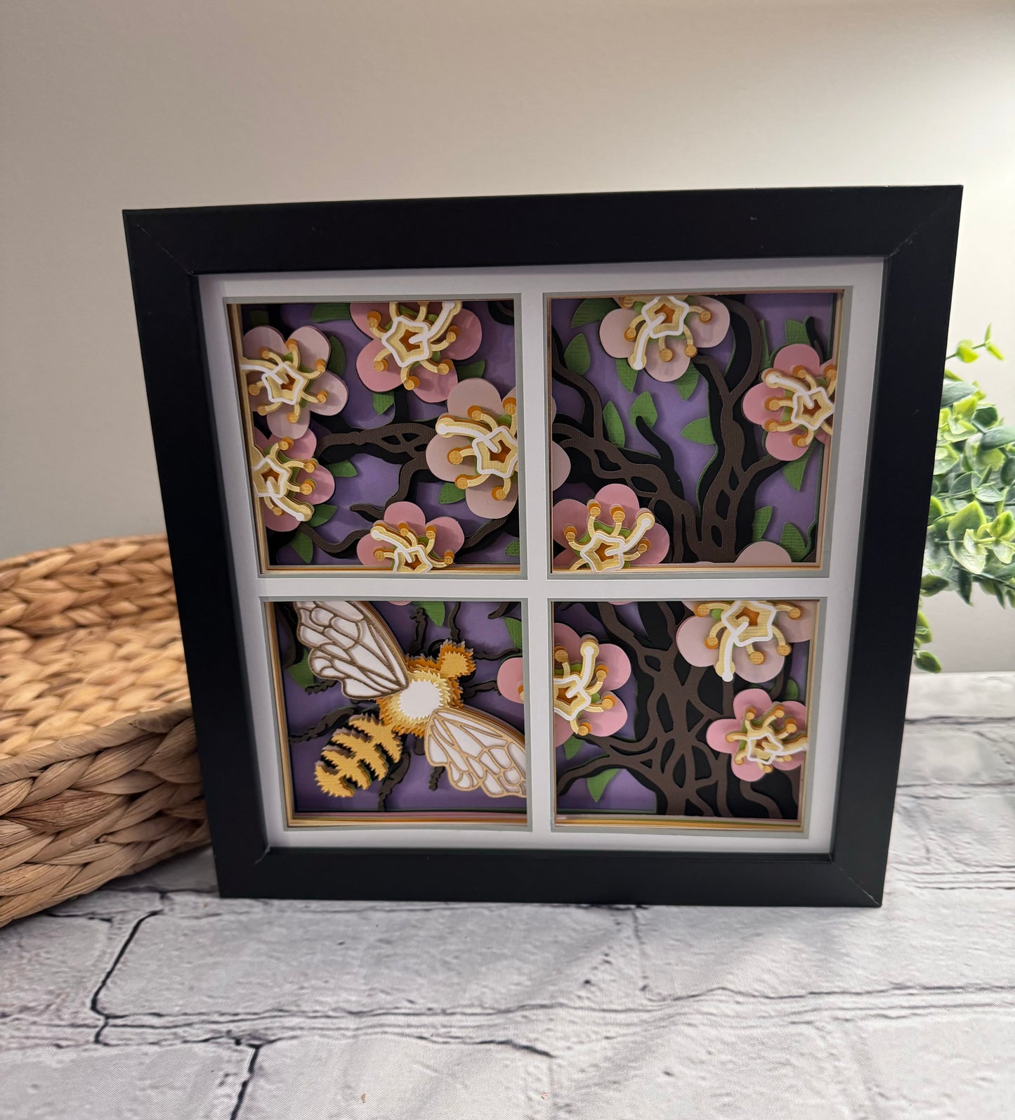 Bee scene bee with floral tree 3D paper art in a shadowbox