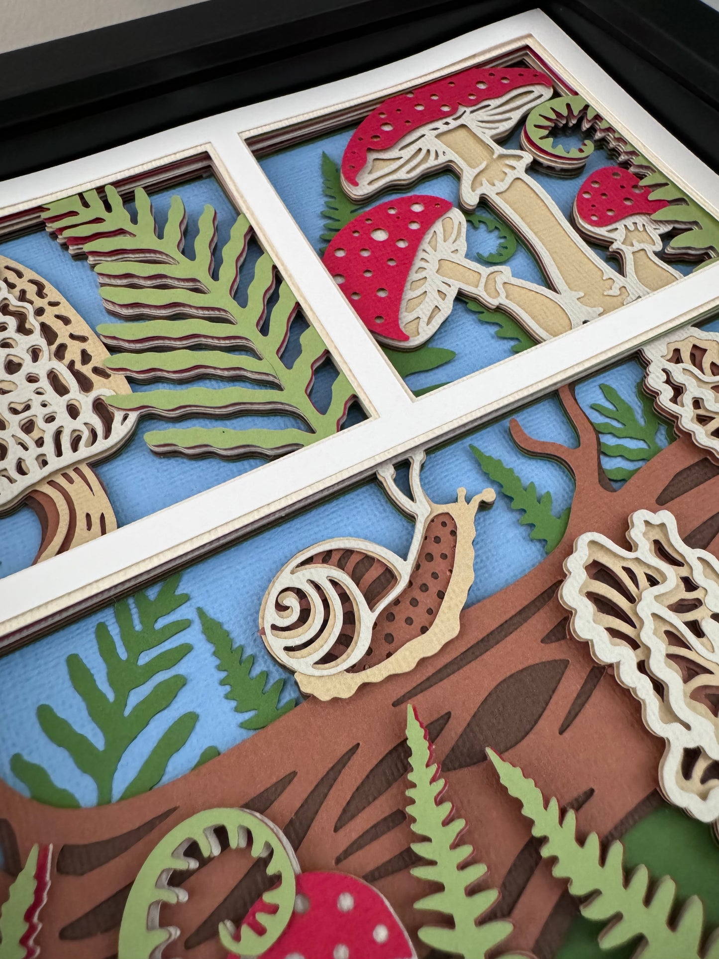 Mushroom forest three panel design 3D paper art in a shadowbox