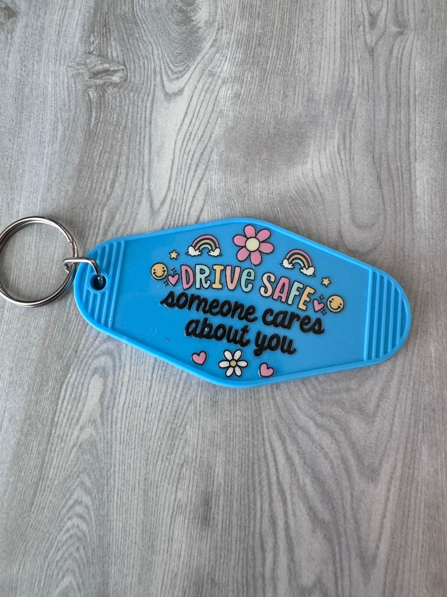 Drive safe, someone cares about you retro motel keychain