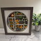 Gardening scene round version 3D paper art in a shadowbox