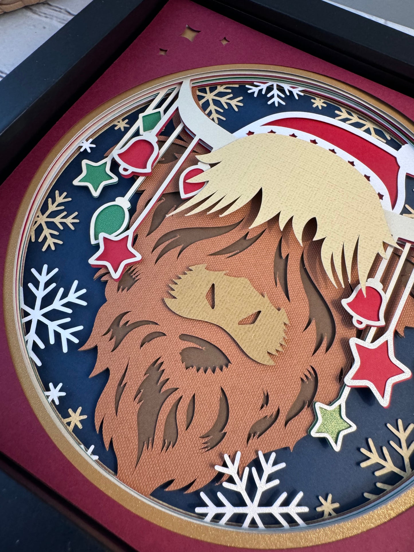 Christmas highland cow with ornaments 3D paper art shadowbox