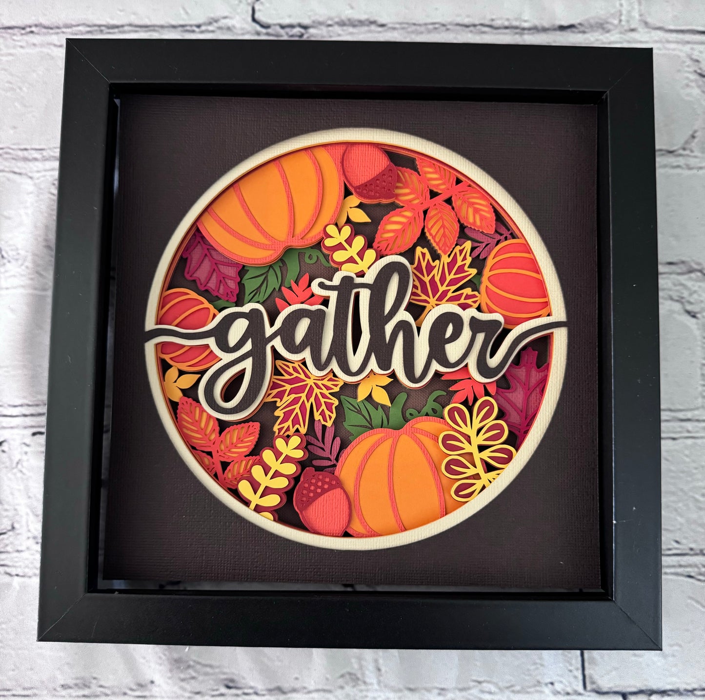 Gather fall leaves and pumpkins design 3D paper art in a shadowbox