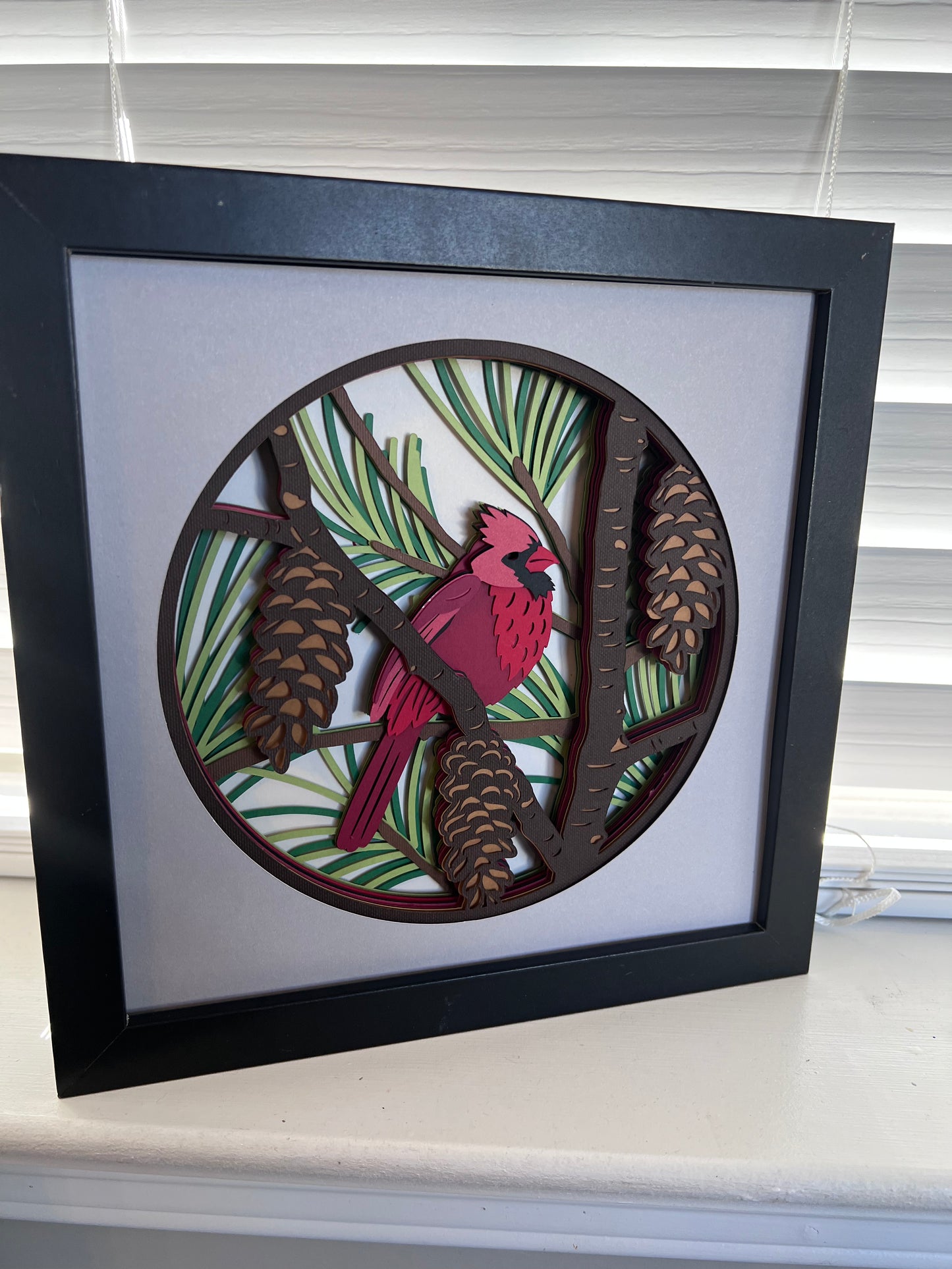 Cardinal-traditional 3D paper art in a shadowbox