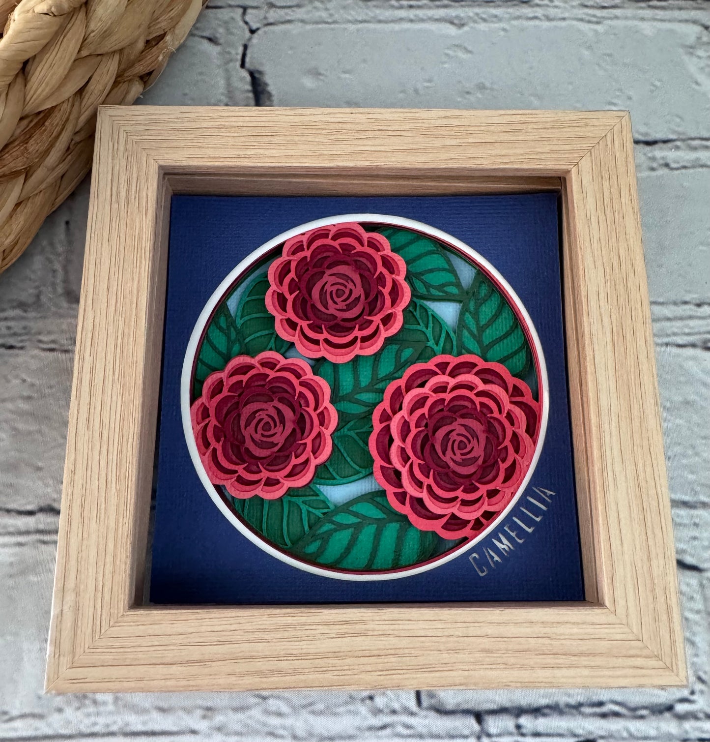 Camellia mini 3D paper art in a shadowbox