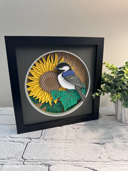 Chickadee on a sunflower 3D paper art in a shadowbox