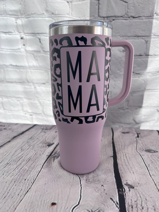 Mama leopard print 40oz handle tumbler with straw and slide lid