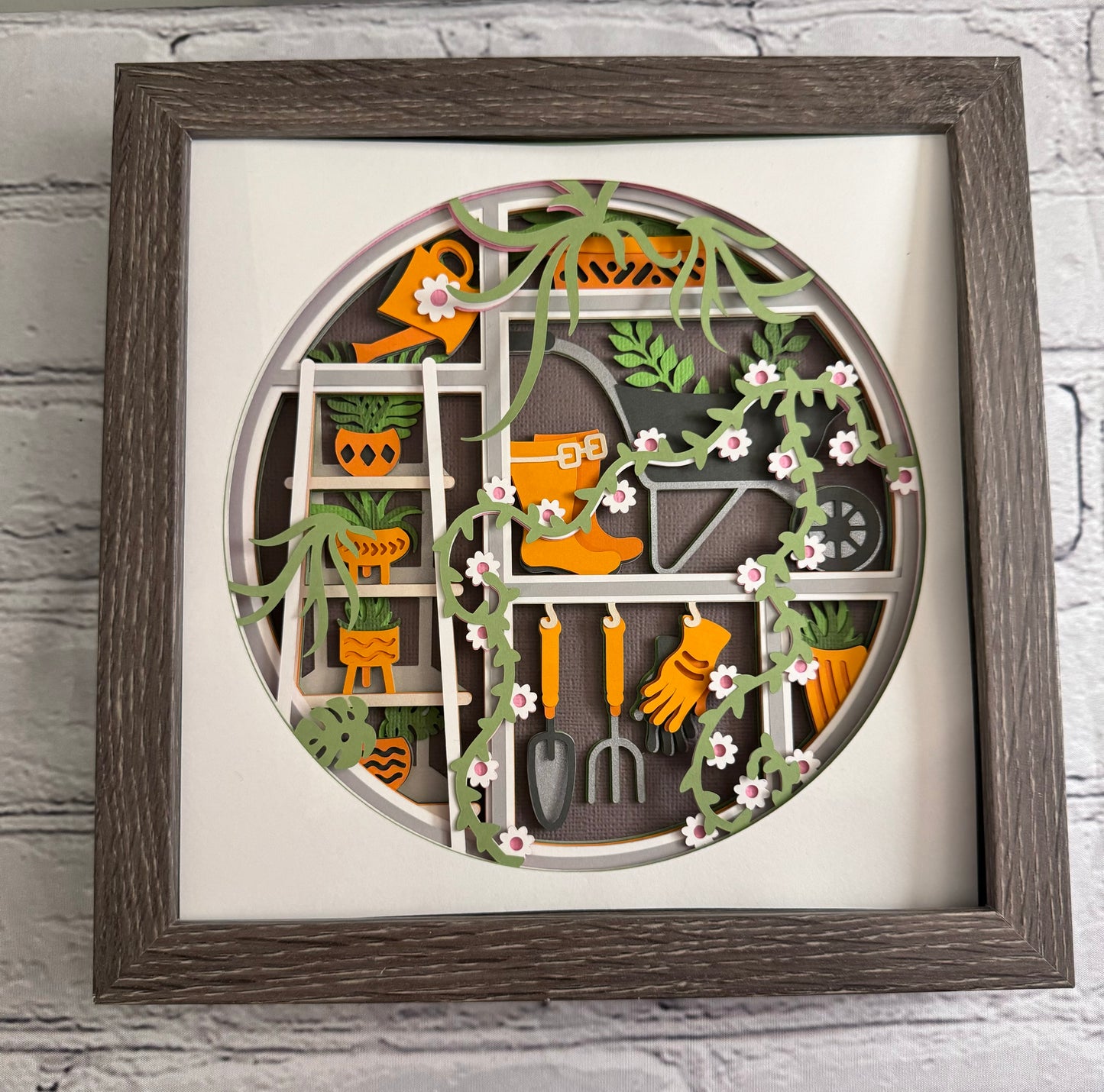 Gardening scene round version 3D paper art in a shadowbox