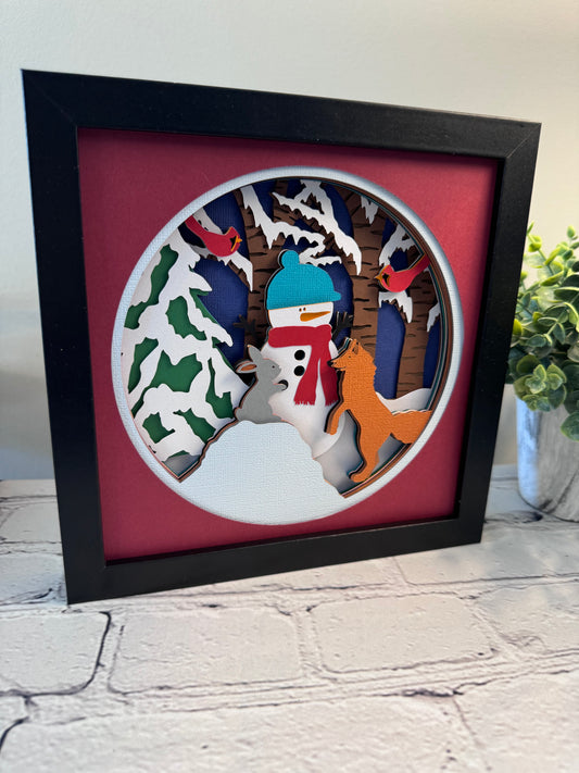 Snowman with fox and rabbit 3D paper art shadowbox