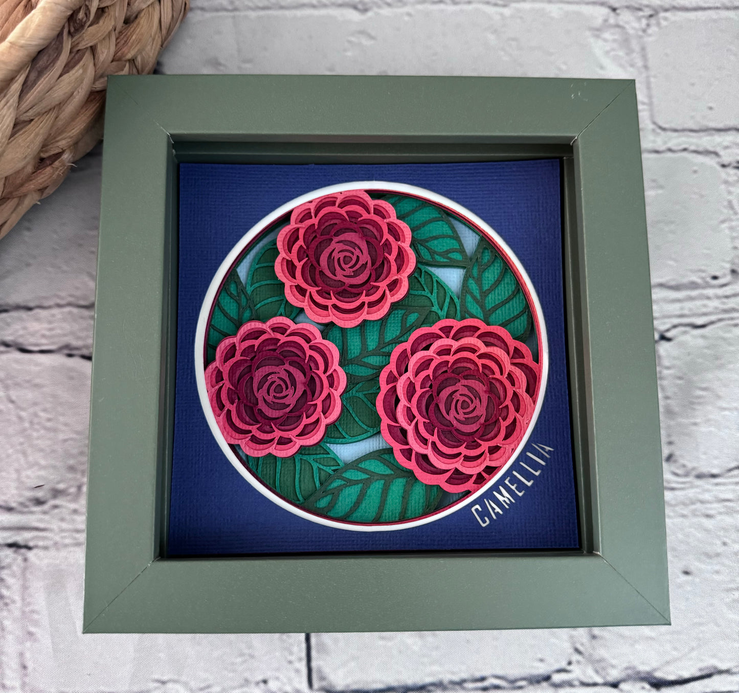 Camellia mini 3D paper art in a shadowbox