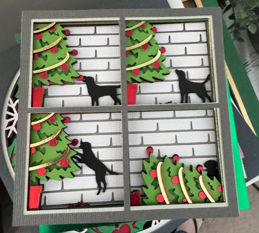 Crazy dog with Christmas tree 3D paper art shadowbox