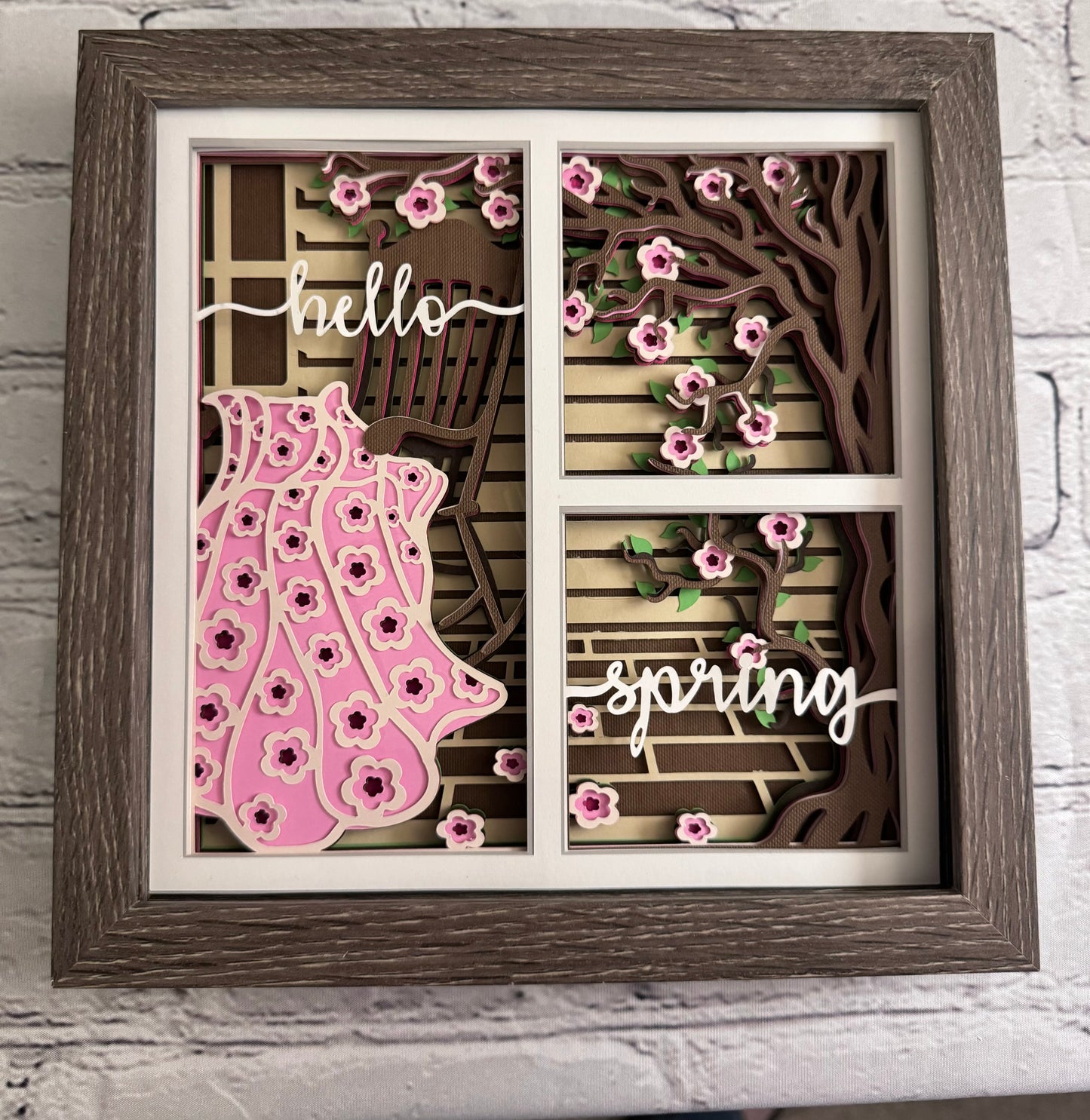 Spring porch scene with blanket 3D paper art in a shadowbox