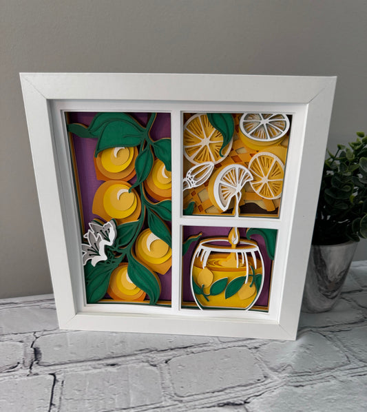 Lemon three panel design 3D paper art in a shadowbox