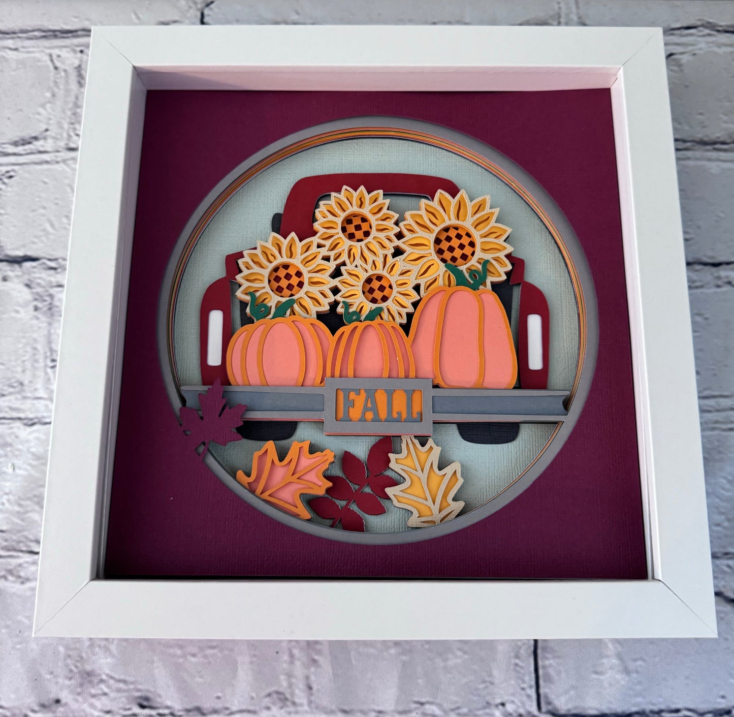 Fall truck with pumpkins and sunflowers design 3D paper art in a shadowbox