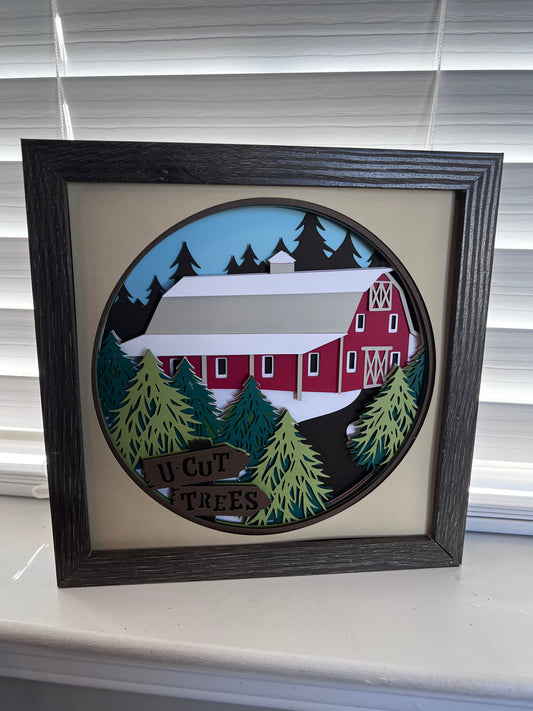 Christmas tree farm 3D paper art in a shadowbox