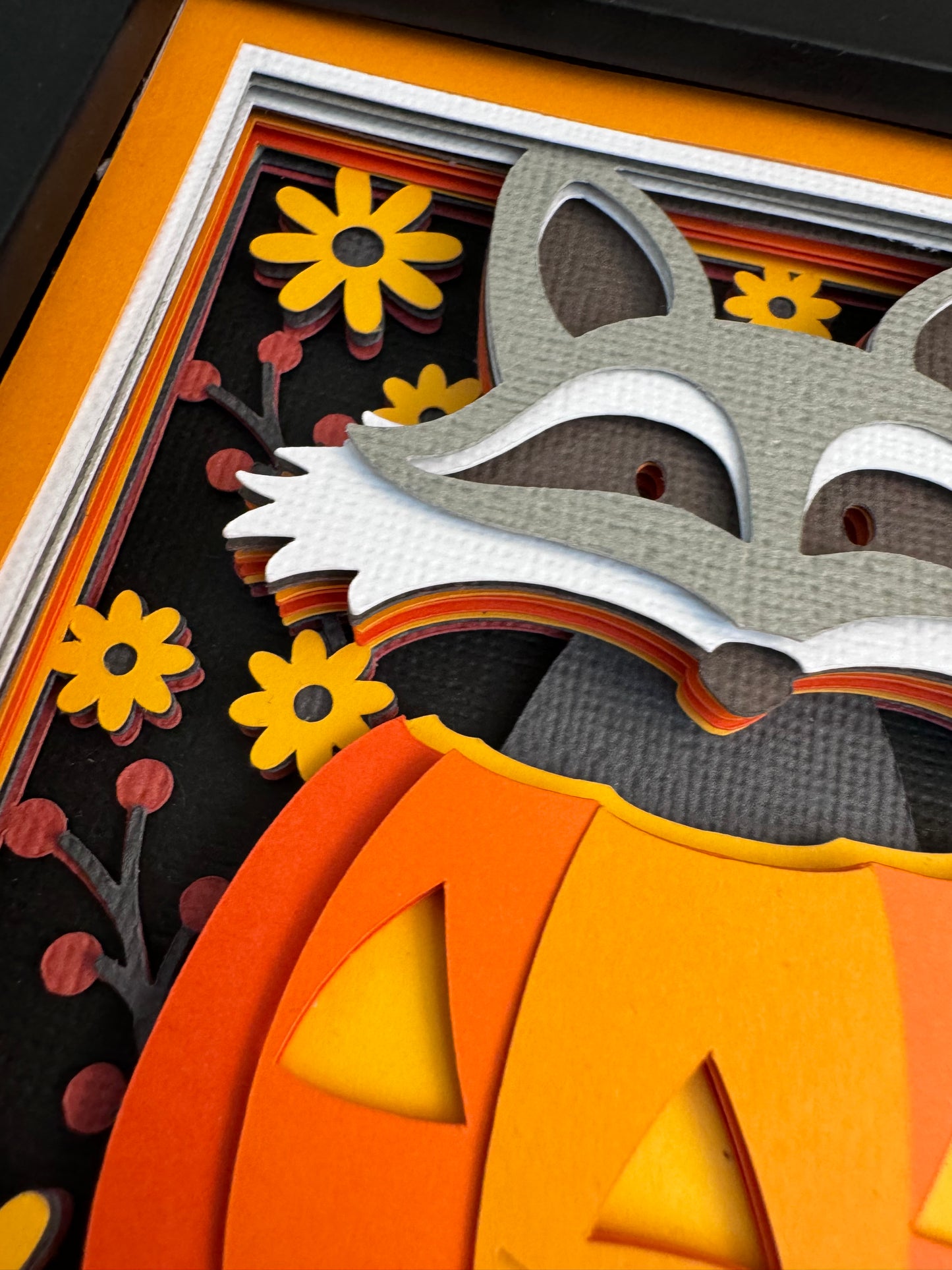 Fall raccoon in a pumpkin mini 3D paper art in a shadowbox