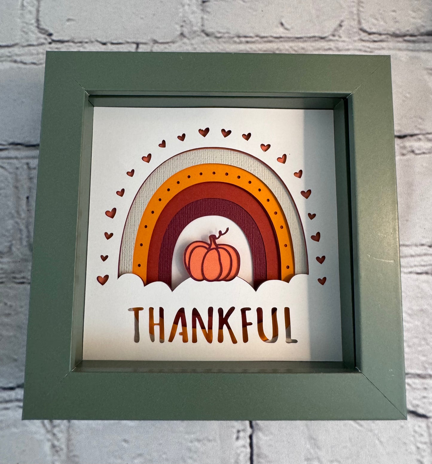 Thankful rainbow with pumpkin mini 3D paper art in a shadowbox