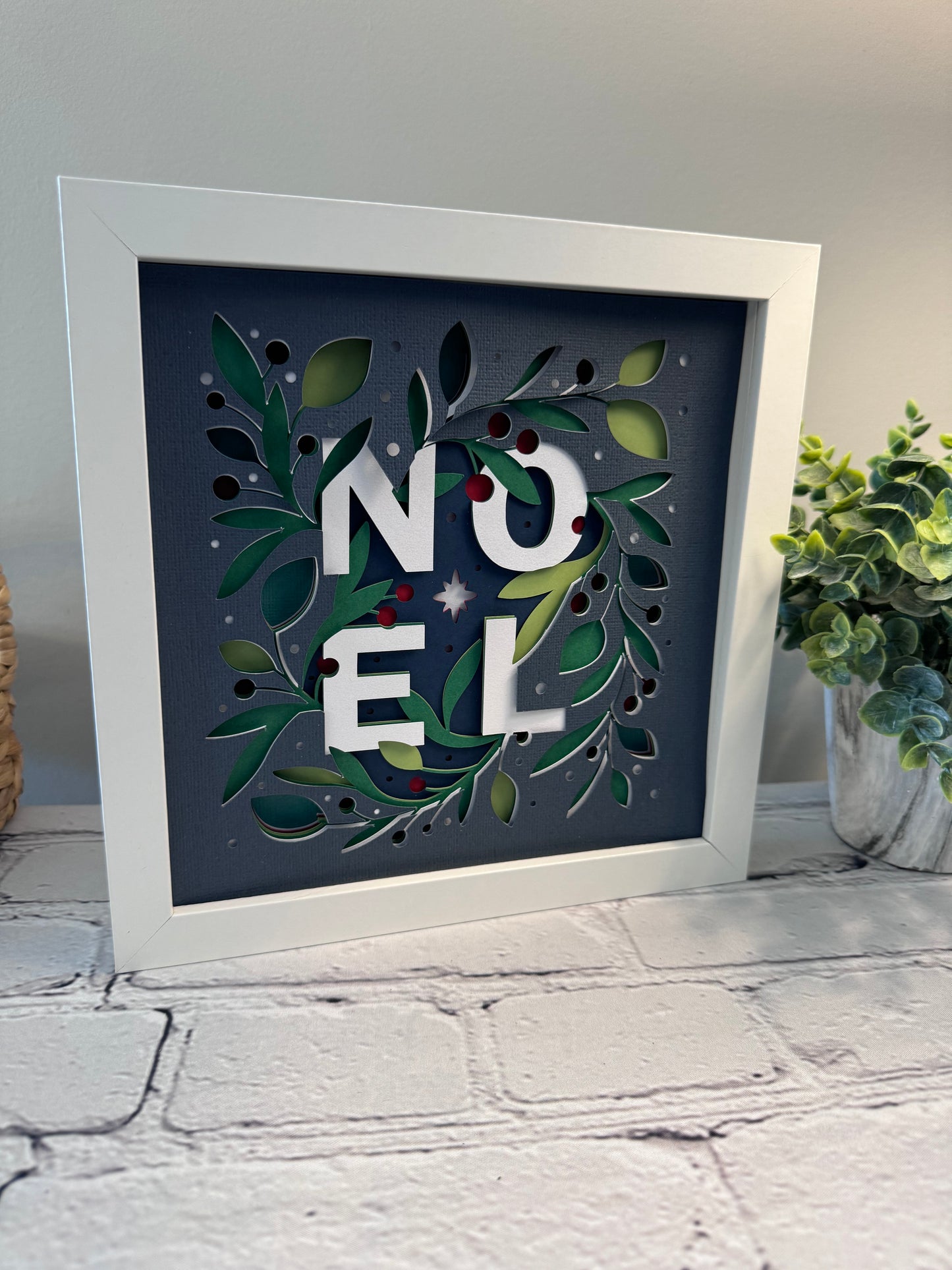 Noel in blue 3D paper art shadowbox