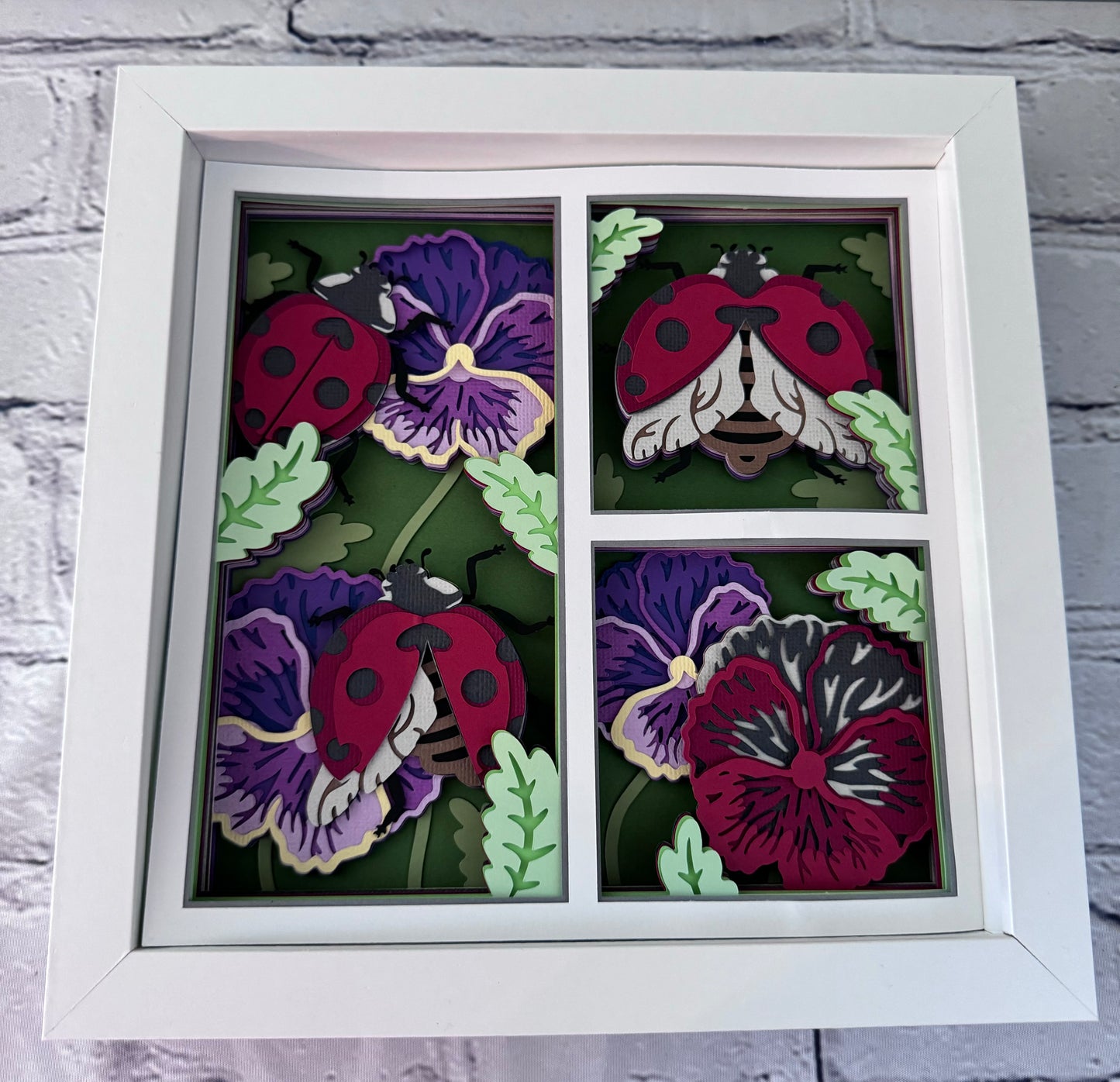 Ladybug and flowers design 3D paper art in a shadowbox