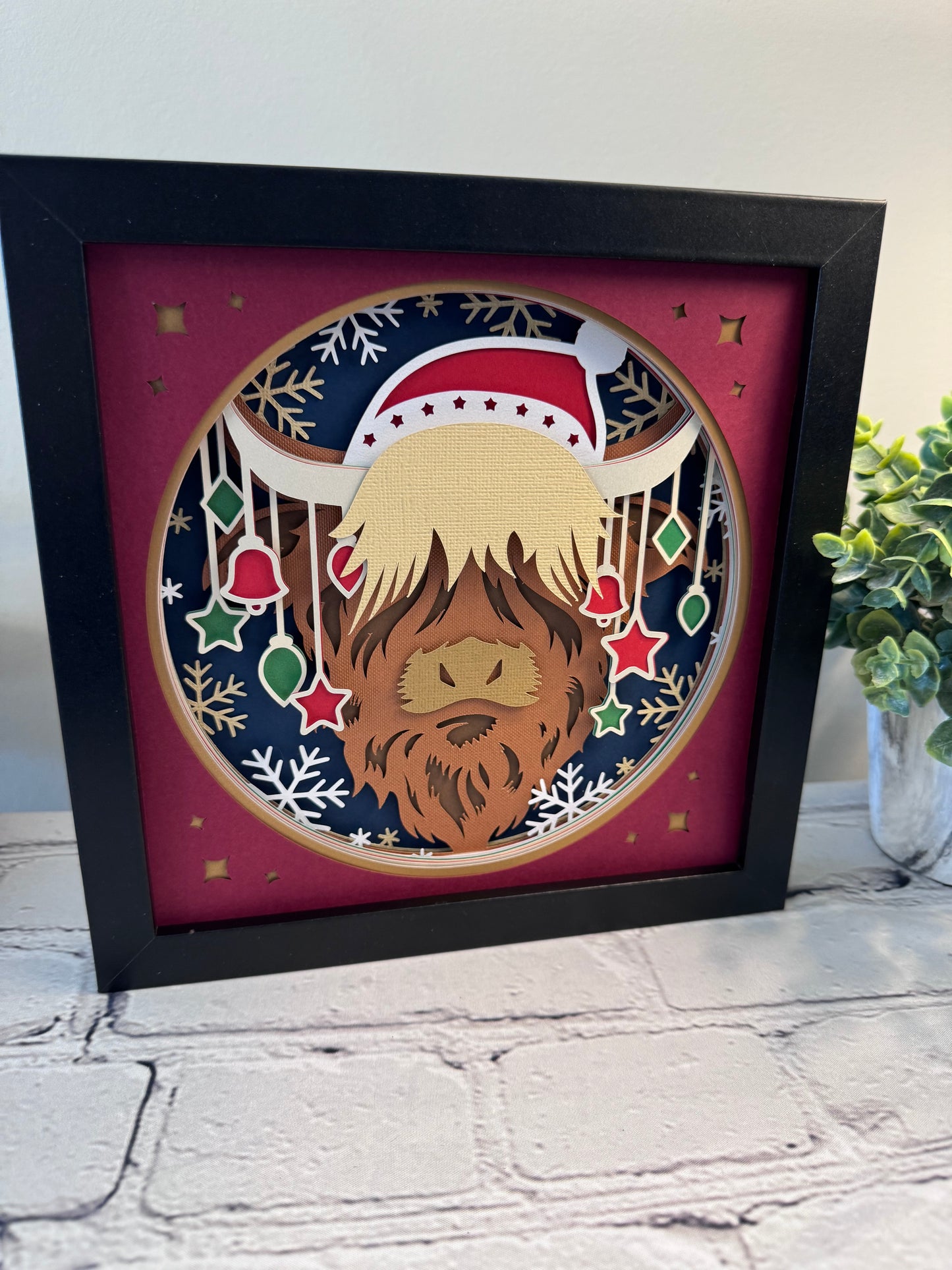 Christmas highland cow with ornaments 3D paper art shadowbox