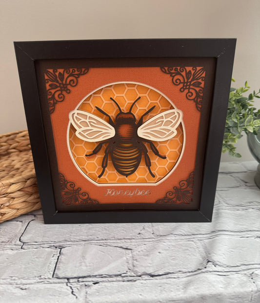 Intricate frame bumble bee 3D paper art in a shadowbox